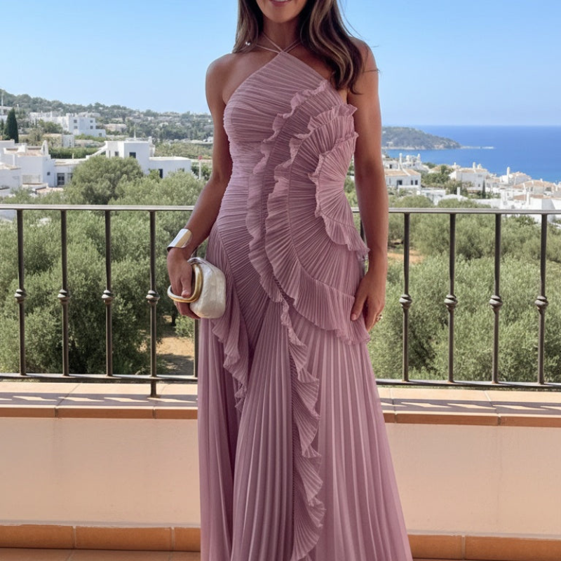 Maxikleid Damen rosa figurbetont mit Rüschen und schulterfrei - 2 - Atelier-Zofia