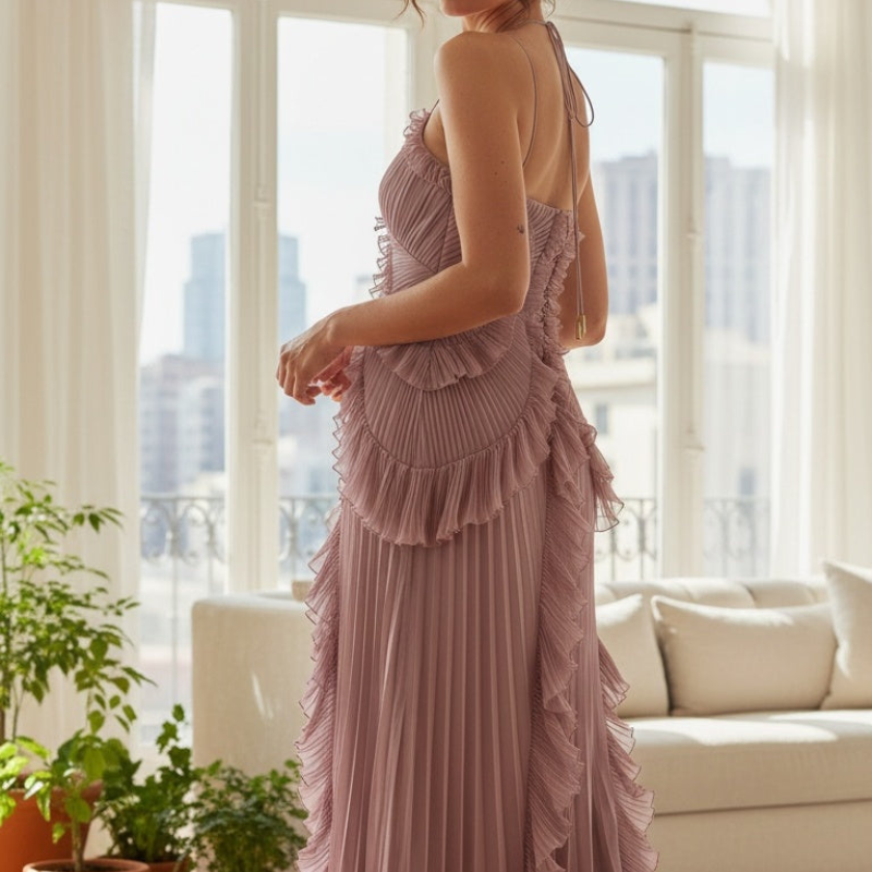 Maxikleid Damen rosa figurbetont mit Rüschen und schulterfrei - 3 - Atelier-Zofia