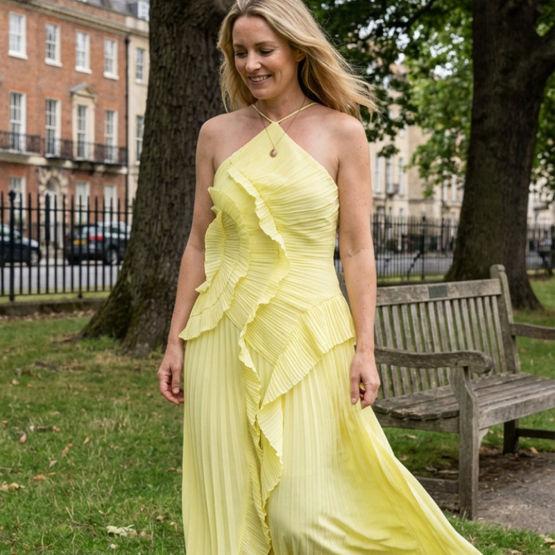 Maxikleid Damen rosa figurbetont mit Rüschen und schulterfrei - 6 - Atelier-Zofia