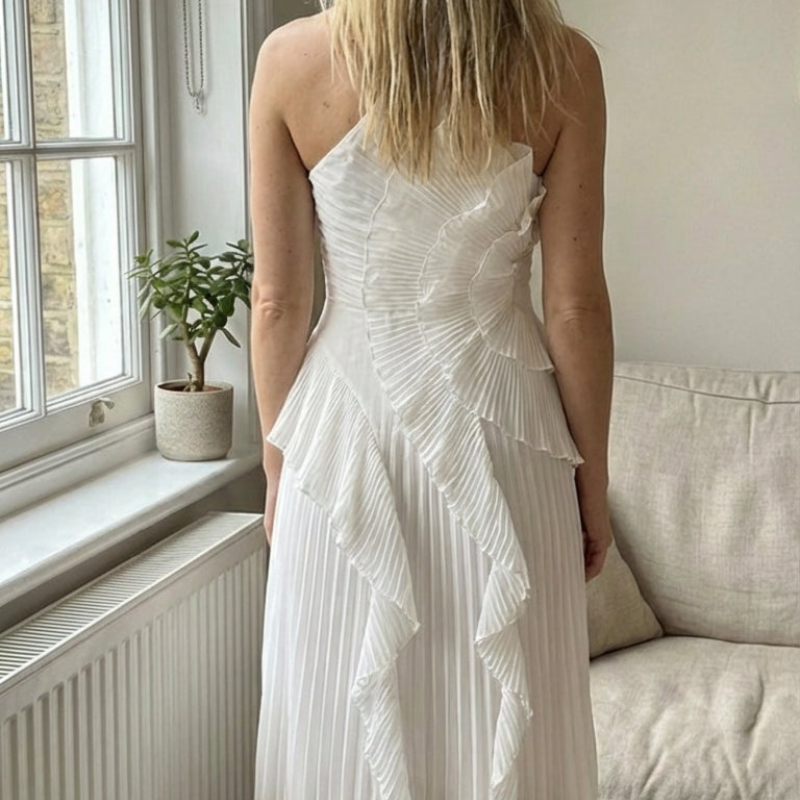 Maxikleid Damen rosa figurbetont mit Rüschen und schulterfrei - 8 - Atelier-Zofia