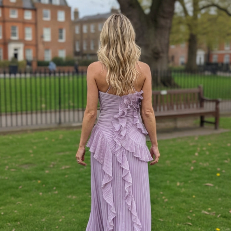 Maxikleid Damen rosa figurbetont mit Rüschen und schulterfrei - 10 - Atelier-Zofia