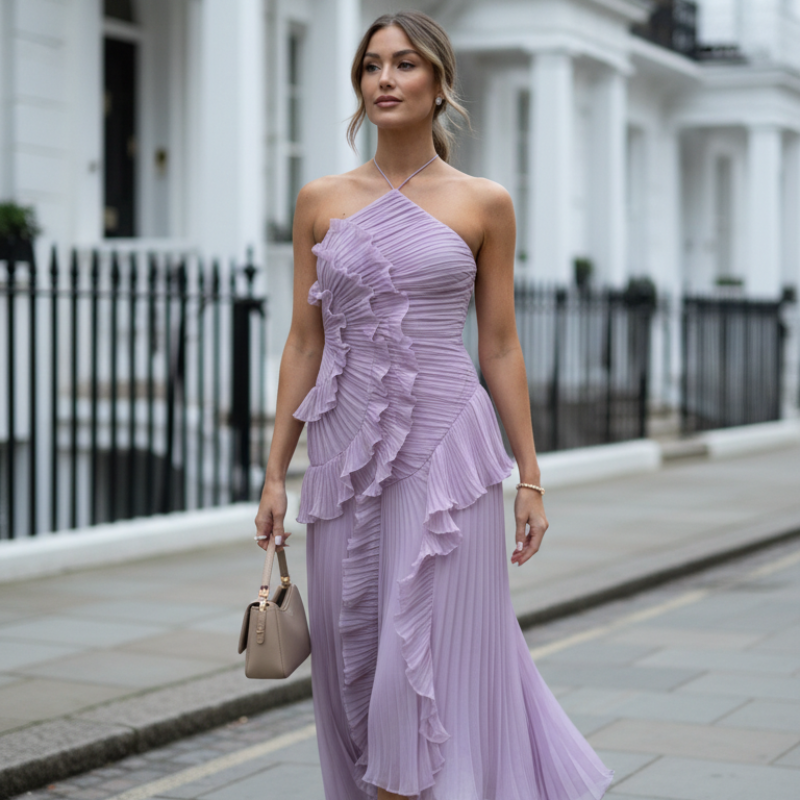 Maxikleid Damen rosa figurbetont mit Rüschen und schulterfrei - 11 - Atelier-Zofia
