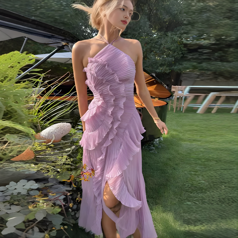 Maxikleid Damen rosa figurbetont mit Rüschen und schulterfrei - 12 - Atelier-Zofia