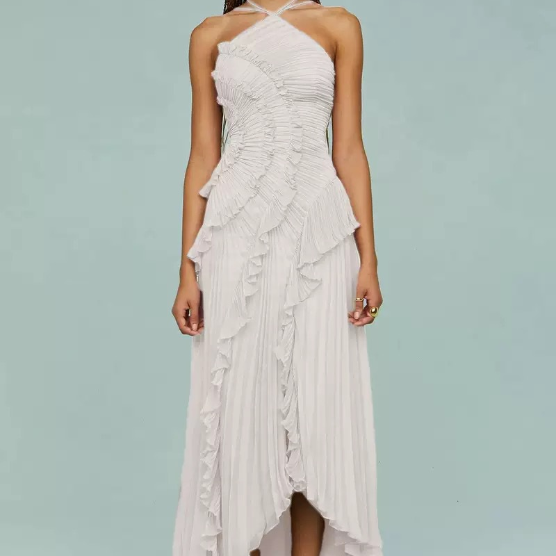 Maxikleid Damen rosa figurbetont mit Rüschen und schulterfrei - 14 - Atelier-Zofia