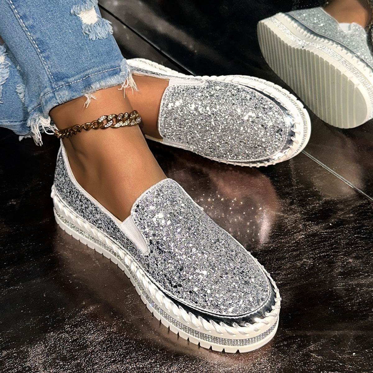 Slip-On Schuhe Damen pink glitzernd mit bequemer Passform - 1 - Atelier-Zofia