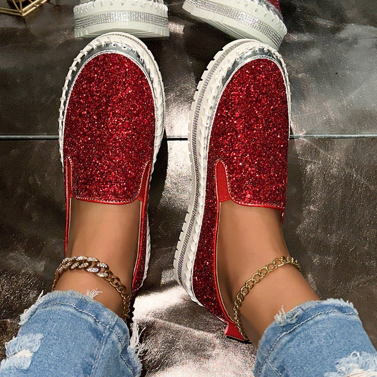 Slip-On Schuhe Damen pink glitzernd mit bequemer Passform - 2 - Atelier-Zofia