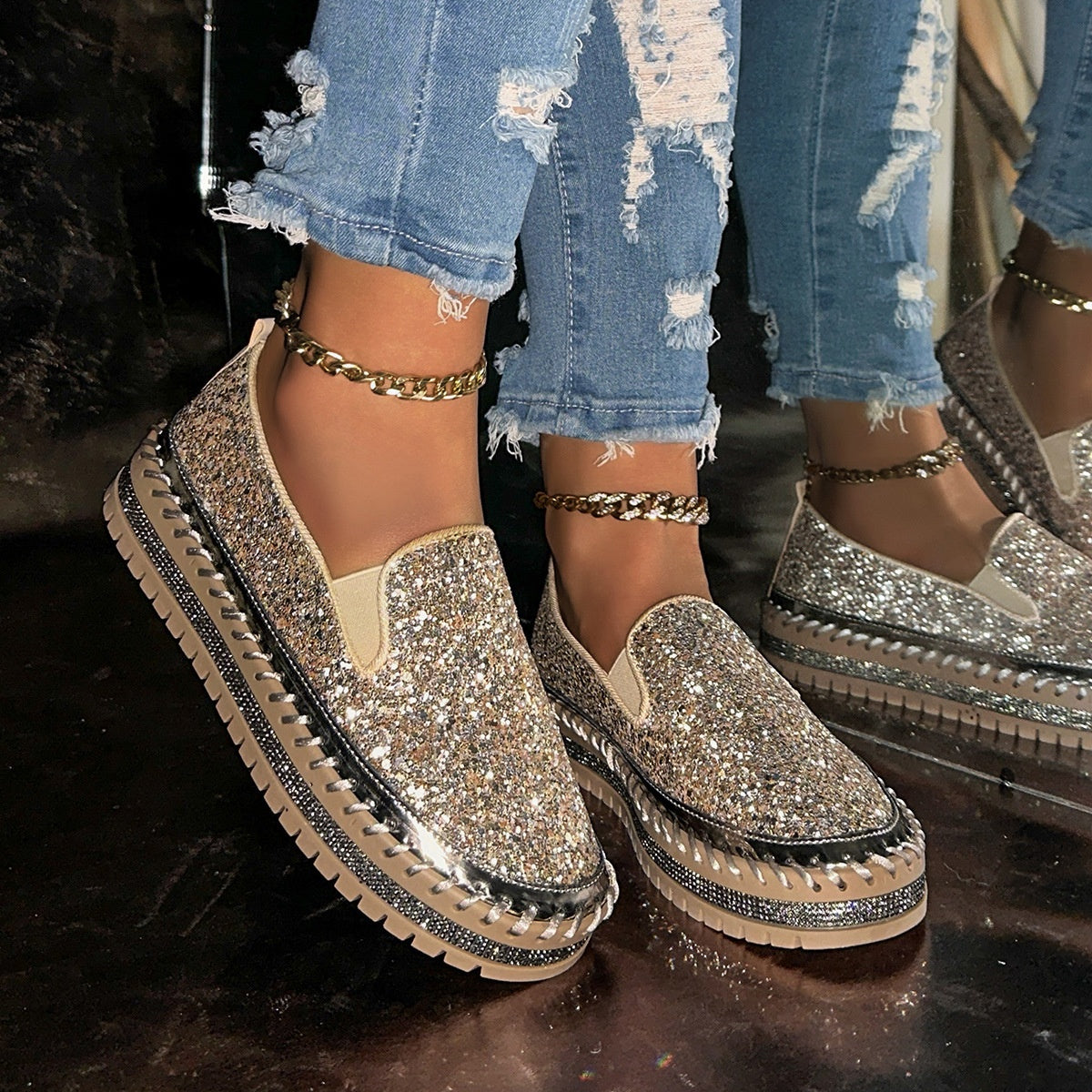 Slip-On Schuhe Damen pink glitzernd mit bequemer Passform - 4 - Atelier-Zofia