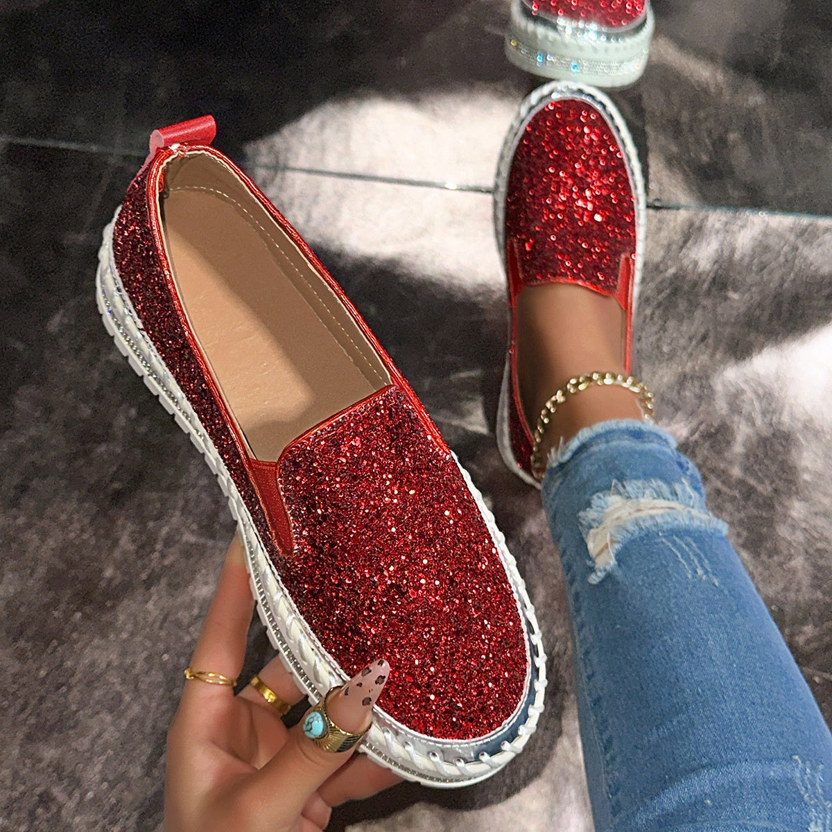 Slip-On Schuhe Damen pink glitzernd mit bequemer Passform - 7 - Atelier-Zofia