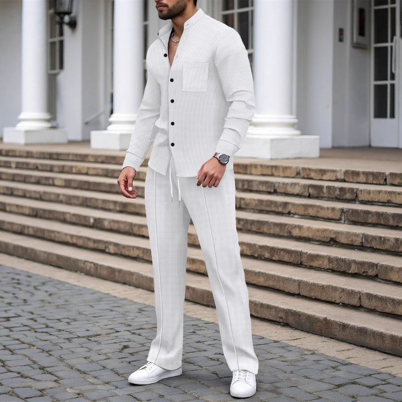 Outfit Men beige figurbetont mit Knopfleiste und langen Ärmeln - 2 - Atelier-Zofia