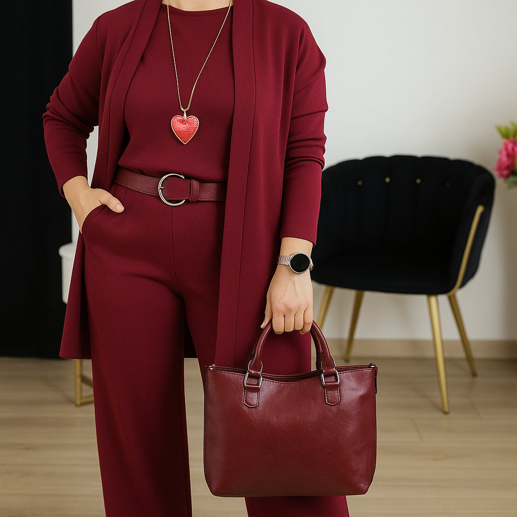 Outfit Damen schwarz tailliert mit Langjacke und weitem Bein - 2 - Atelier-Zofia