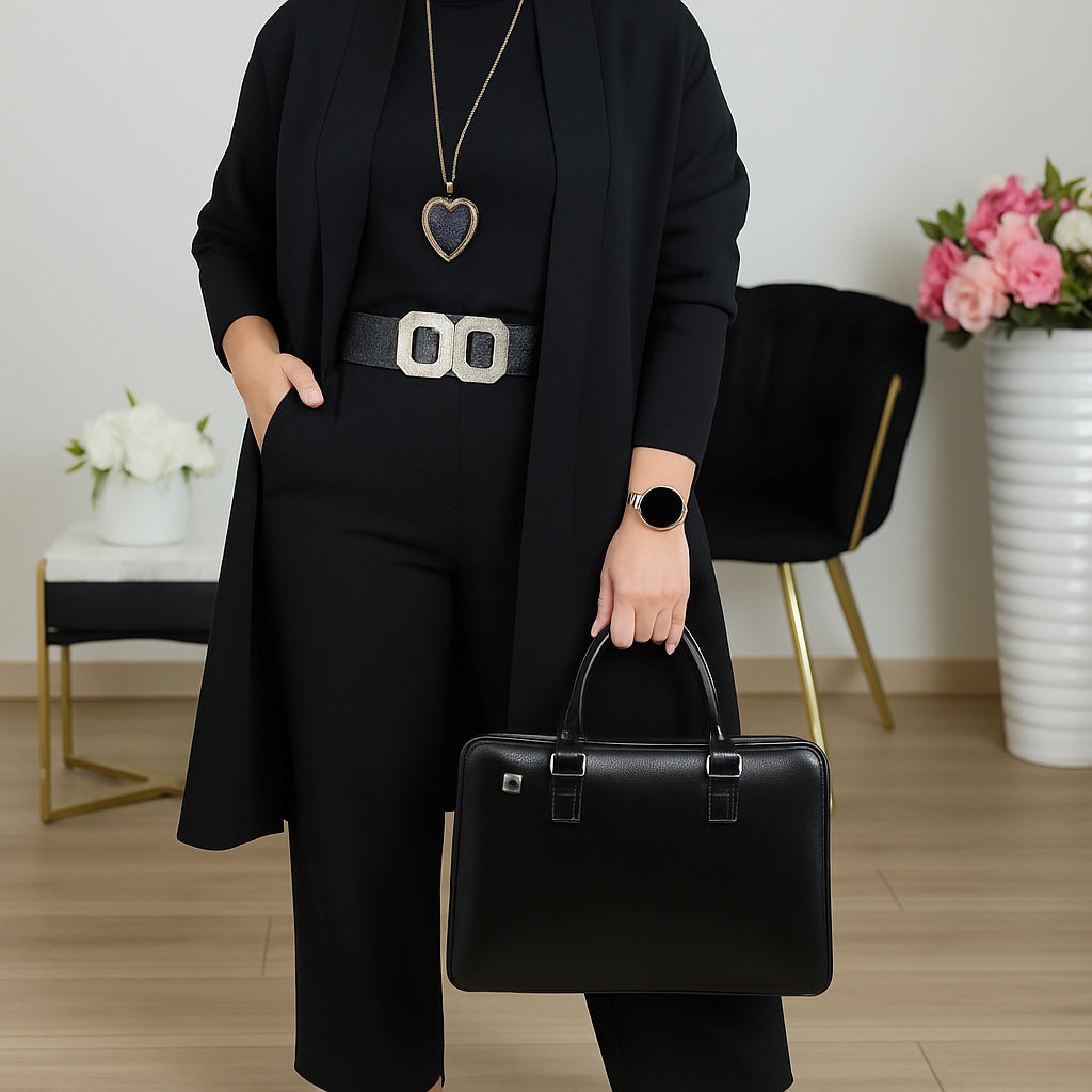 Outfit Damen schwarz tailliert mit Langjacke und weitem Bein - 3 - Atelier-Zofia
