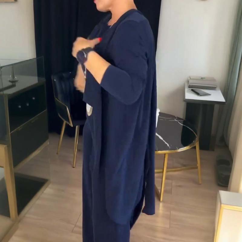 Outfit Damen schwarz tailliert mit Langjacke und weitem Bein - 7 - Atelier-Zofia