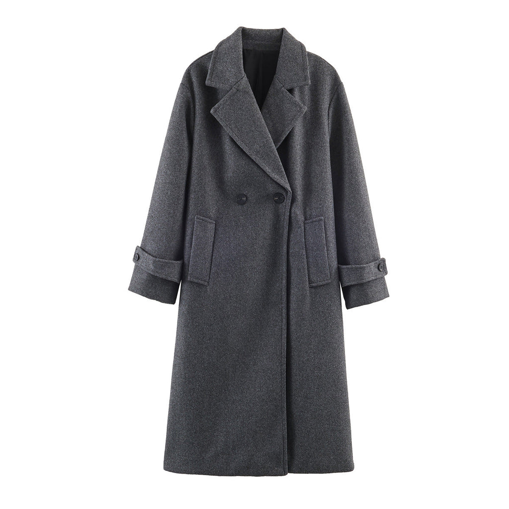 Damenmantel dunkelblau oversized mit breitem Revers und doppeltem Knopfverschluss - 1 - Atelier-Zofia