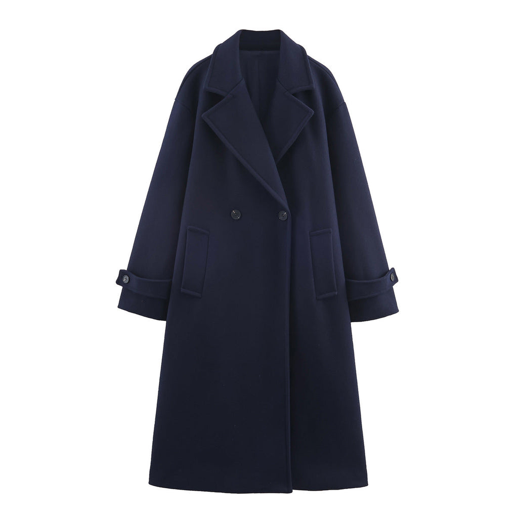 Damenmantel dunkelblau oversized mit breitem Revers und doppeltem Knopfverschluss - 3 - Atelier-Zofia