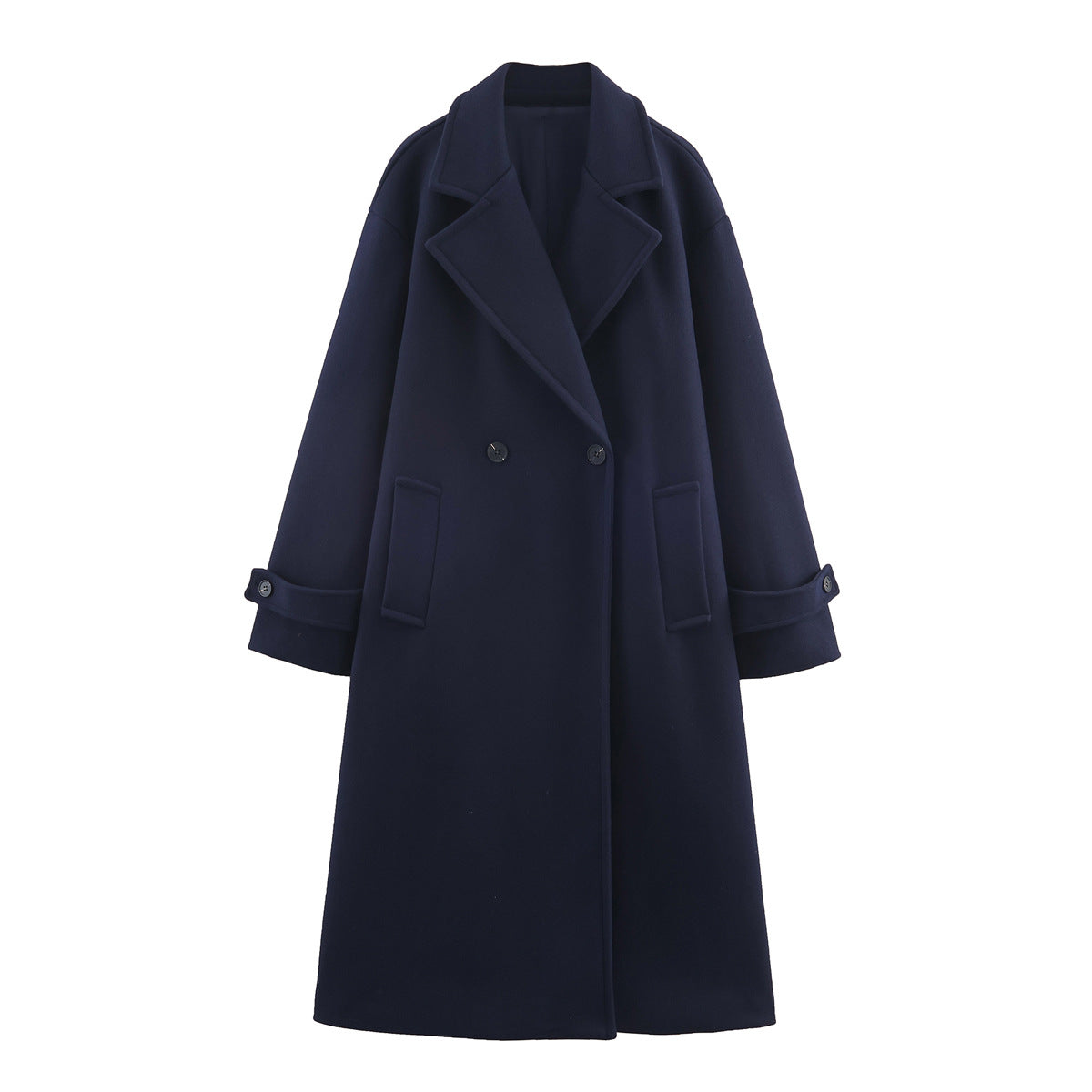 Damenmantel dunkelblau oversized mit breitem Revers und doppeltem Knopfverschluss - 3 - Atelier-Zofia