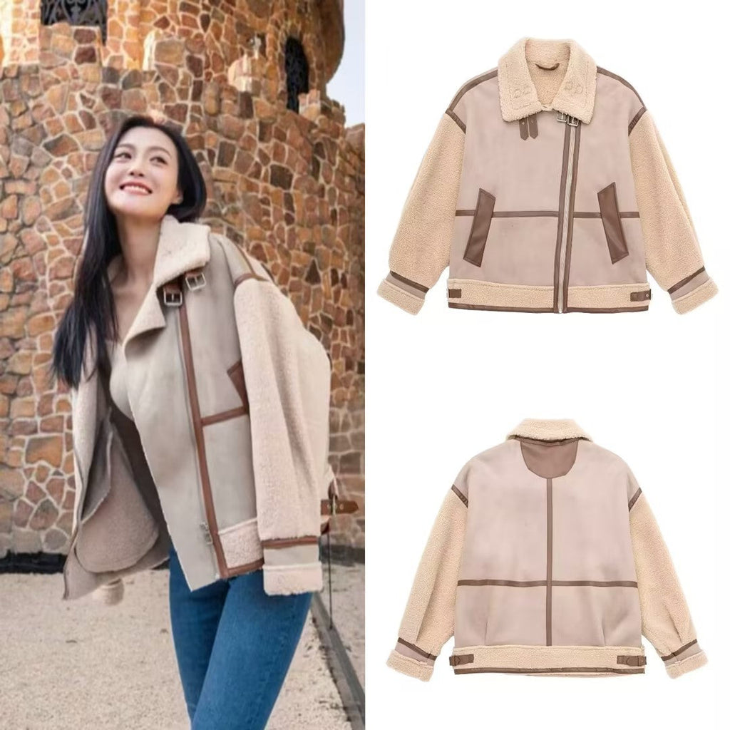 Jacke Damen beige oversized mit Teddyfutter und asymmetrischem Reißverschluss - 1 - Atelier-Zofia