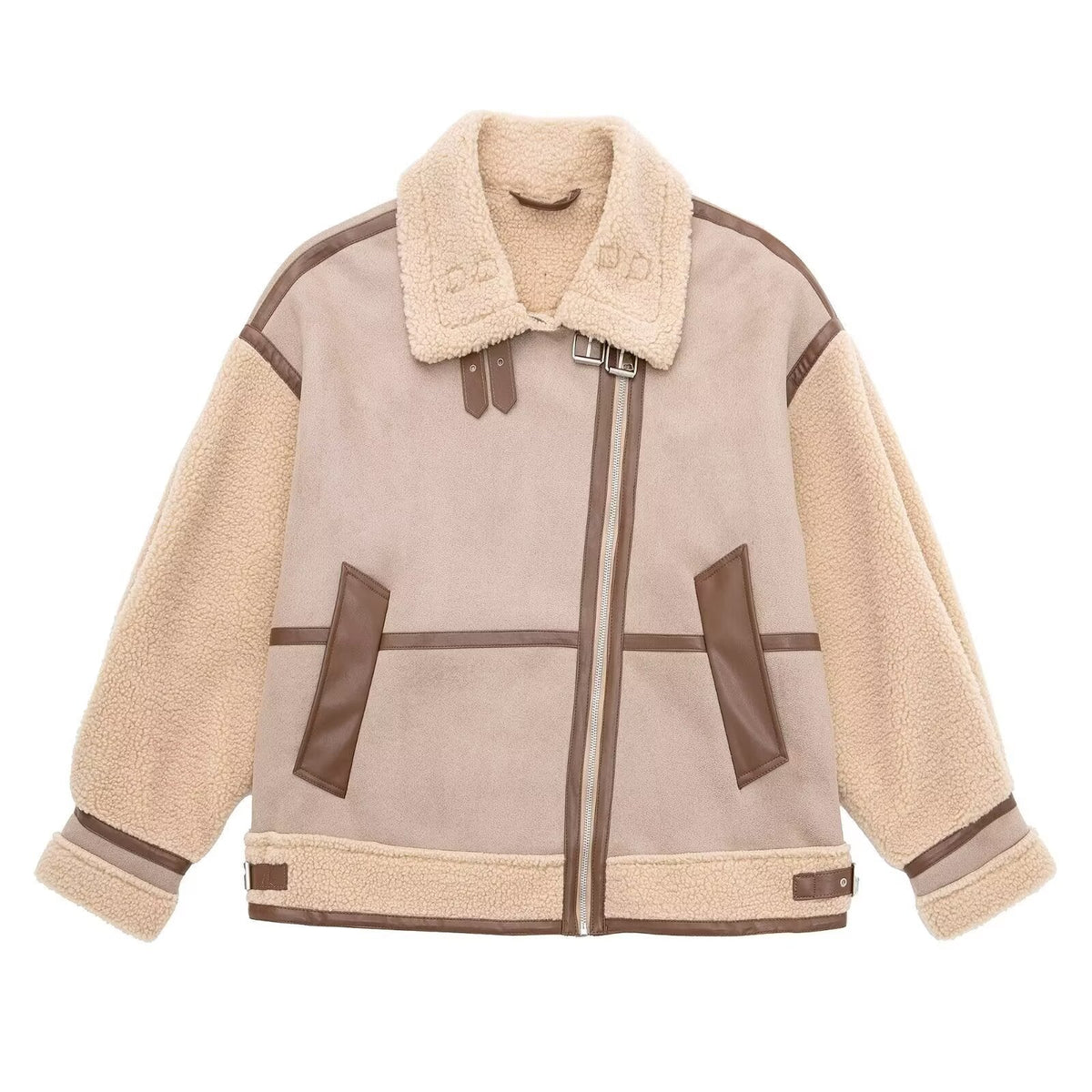 Jacke Damen beige oversized mit Teddyfutter und asymmetrischem Reißverschluss - 2 - Atelier-Zofia