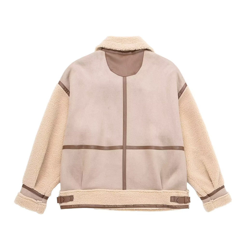 Jacke Damen beige oversized mit Teddyfutter und asymmetrischem Reißverschluss - 3 - Atelier-Zofia