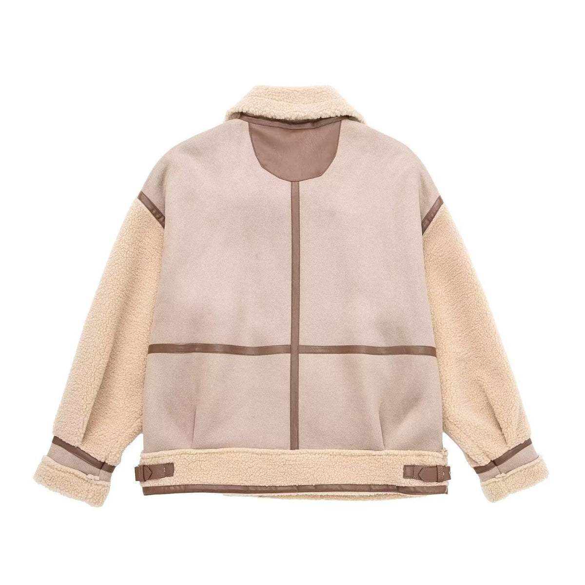 Jacke Damen beige oversized mit Teddyfutter und asymmetrischem Reißverschluss - 3 - Atelier-Zofia