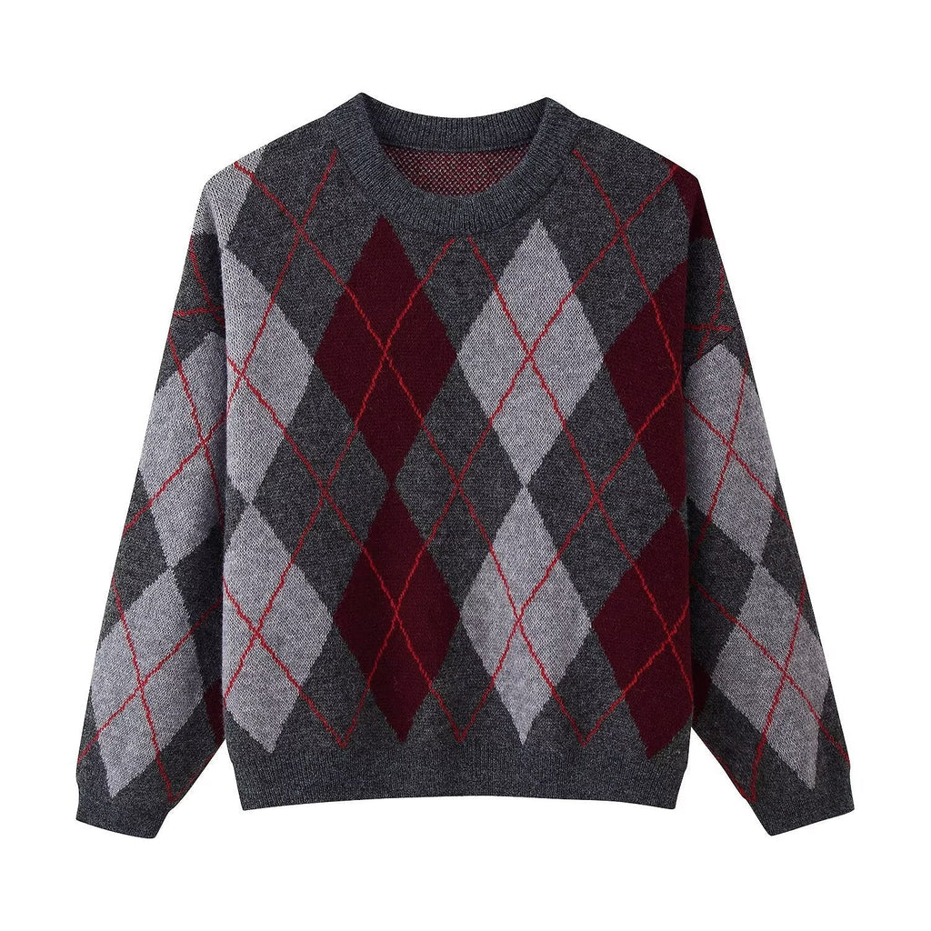 Pullover Damen grau mit Karomuster und Rundhalsausschnitt - 1 - Atelier-Zofia