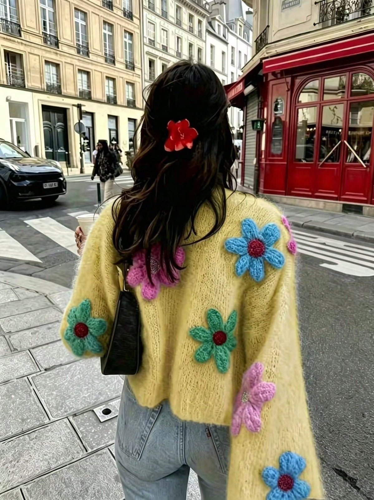 Cardigan Damen blau weit mit Blumenapplikationen - 9 - Atelier-Zofia