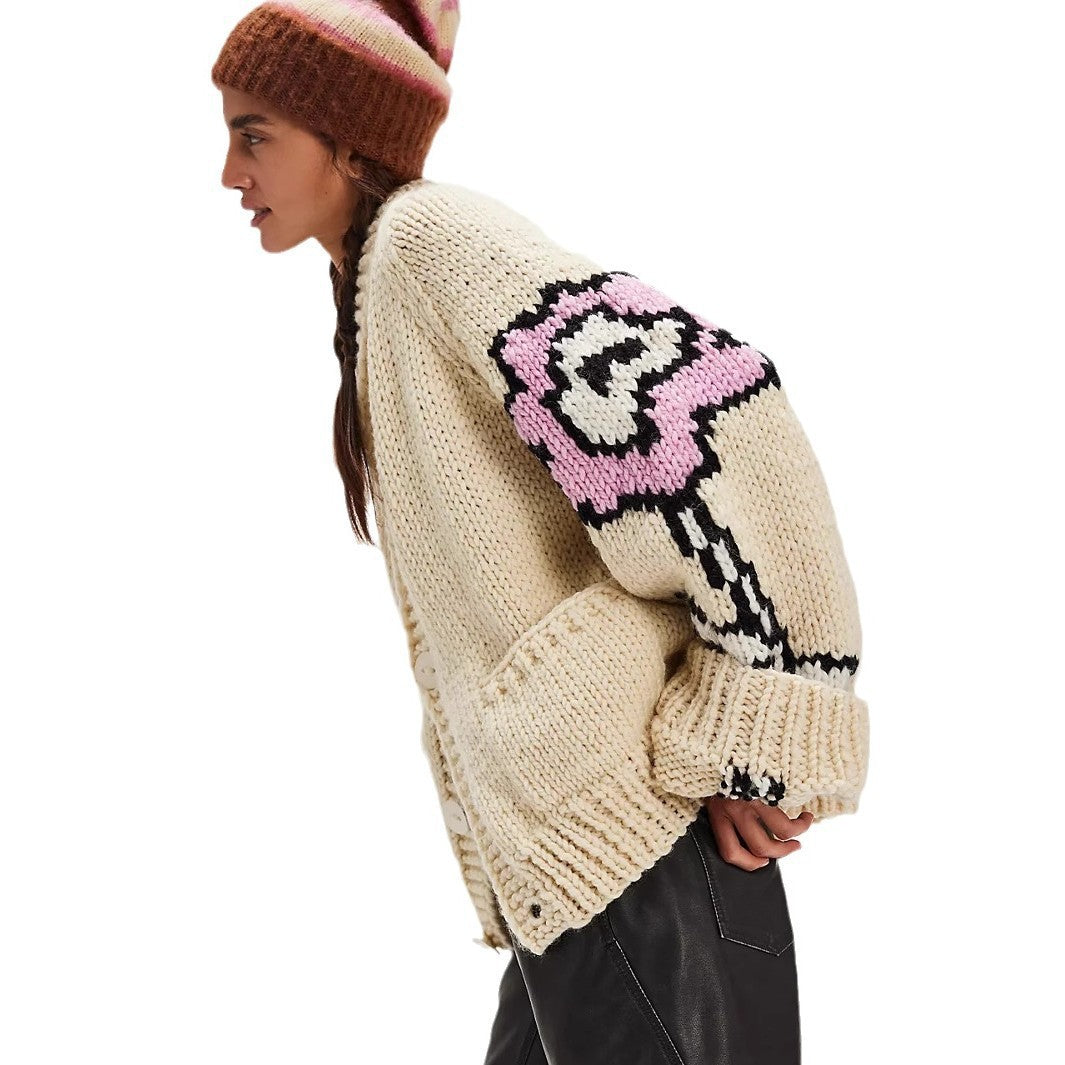 Cardigan Damen beige oversized mit floralem Muster - 5 - Atelier-Zofia