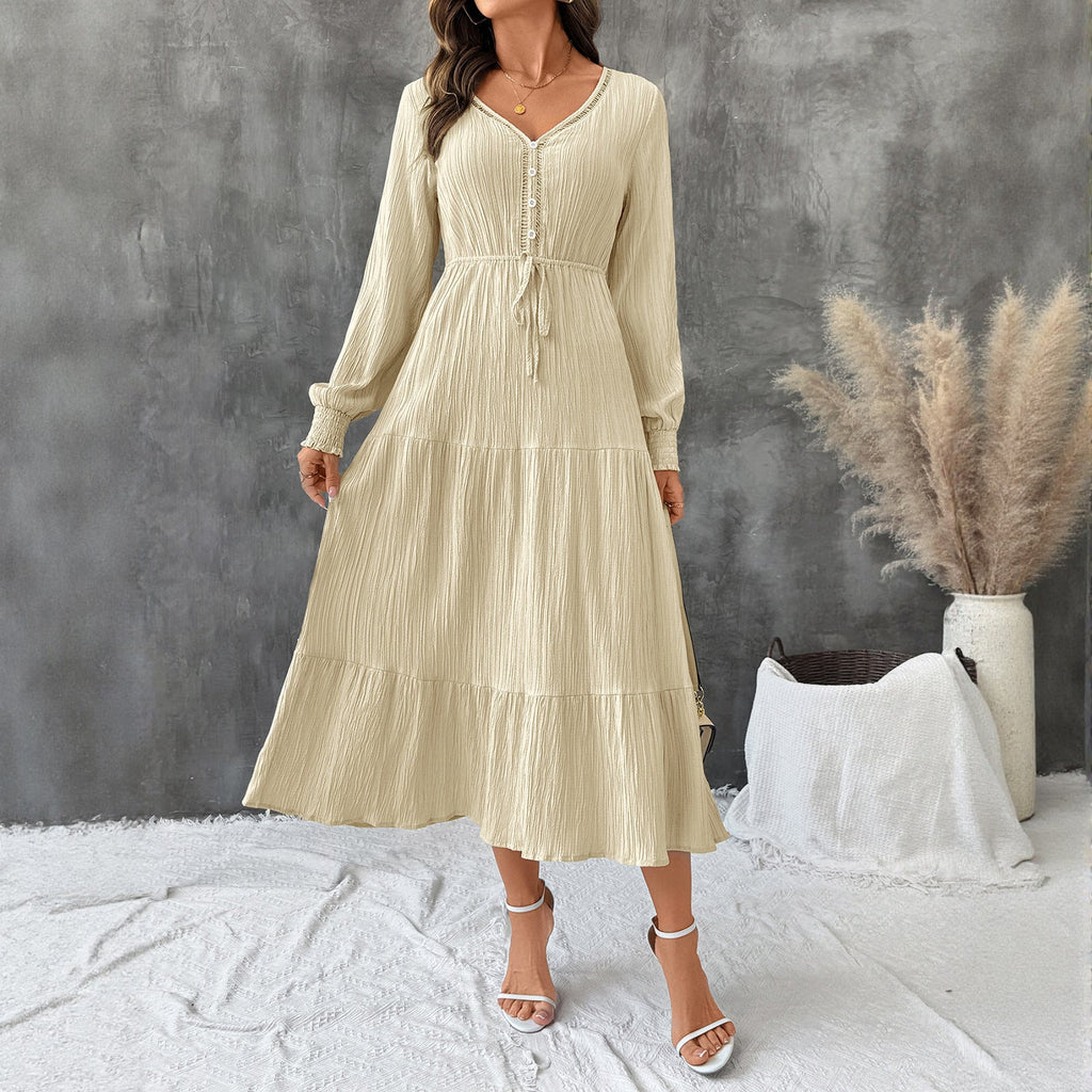 Maxikleid Damen beige tailliert mit V-Ausschnitt und langen Ärmeln - 3 - Atelier-Zofia