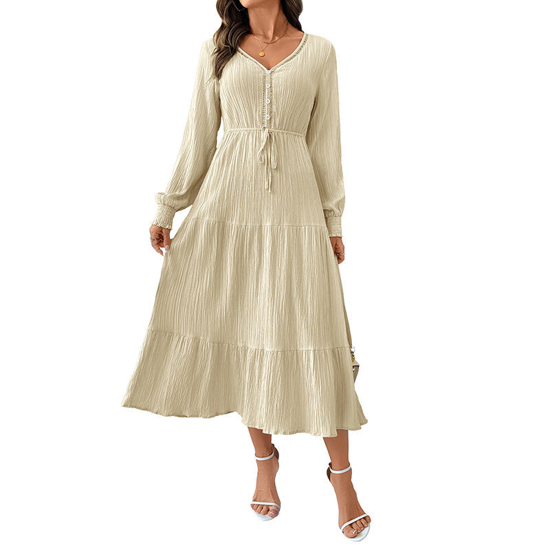 Maxikleid Damen beige tailliert mit V-Ausschnitt und langen Ärmeln - 5 - Atelier-Zofia