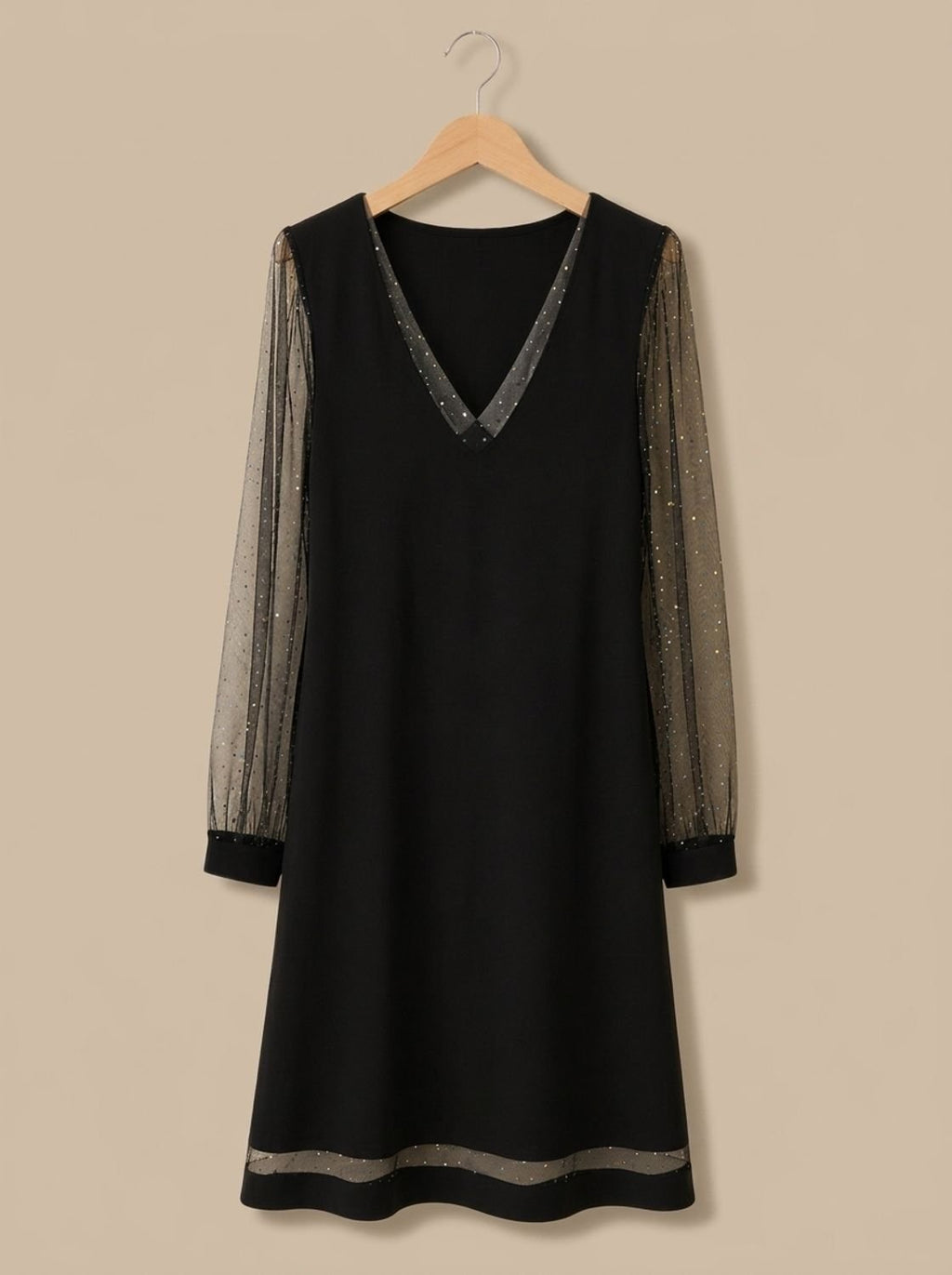Kleid Damen schwarz figurbetont mit V-Ausschnitt und transparenten Ärmeln - 4 - Atelier-Zofia