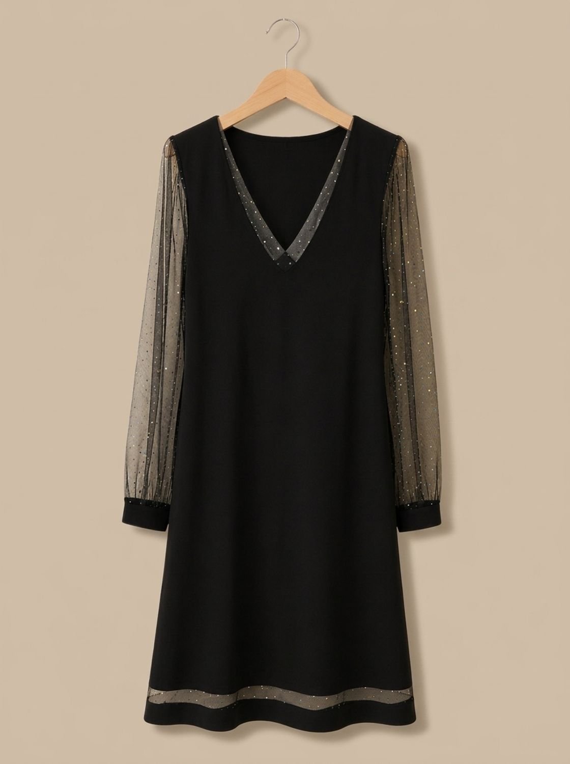 Kleid Damen schwarz figurbetont mit V-Ausschnitt und transparenten Ärmeln - 4 - Atelier-Zofia