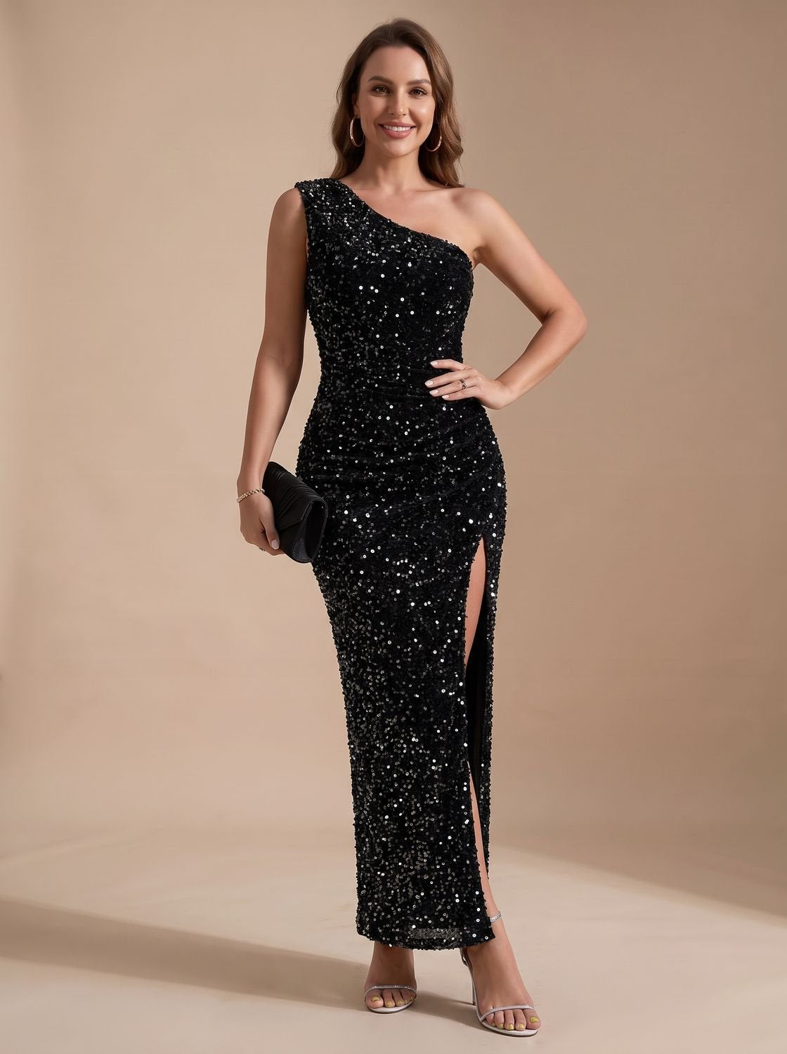 Maxikleid Damen grün figurbetont mit V-Ausschnitt und Schlitz - 6 - Atelier-Zofia