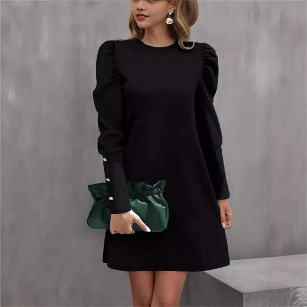 Kleid Damen blau figurbetont mit Puffärmeln und Perlenknöpfen - 4 - Atelier-Zofia