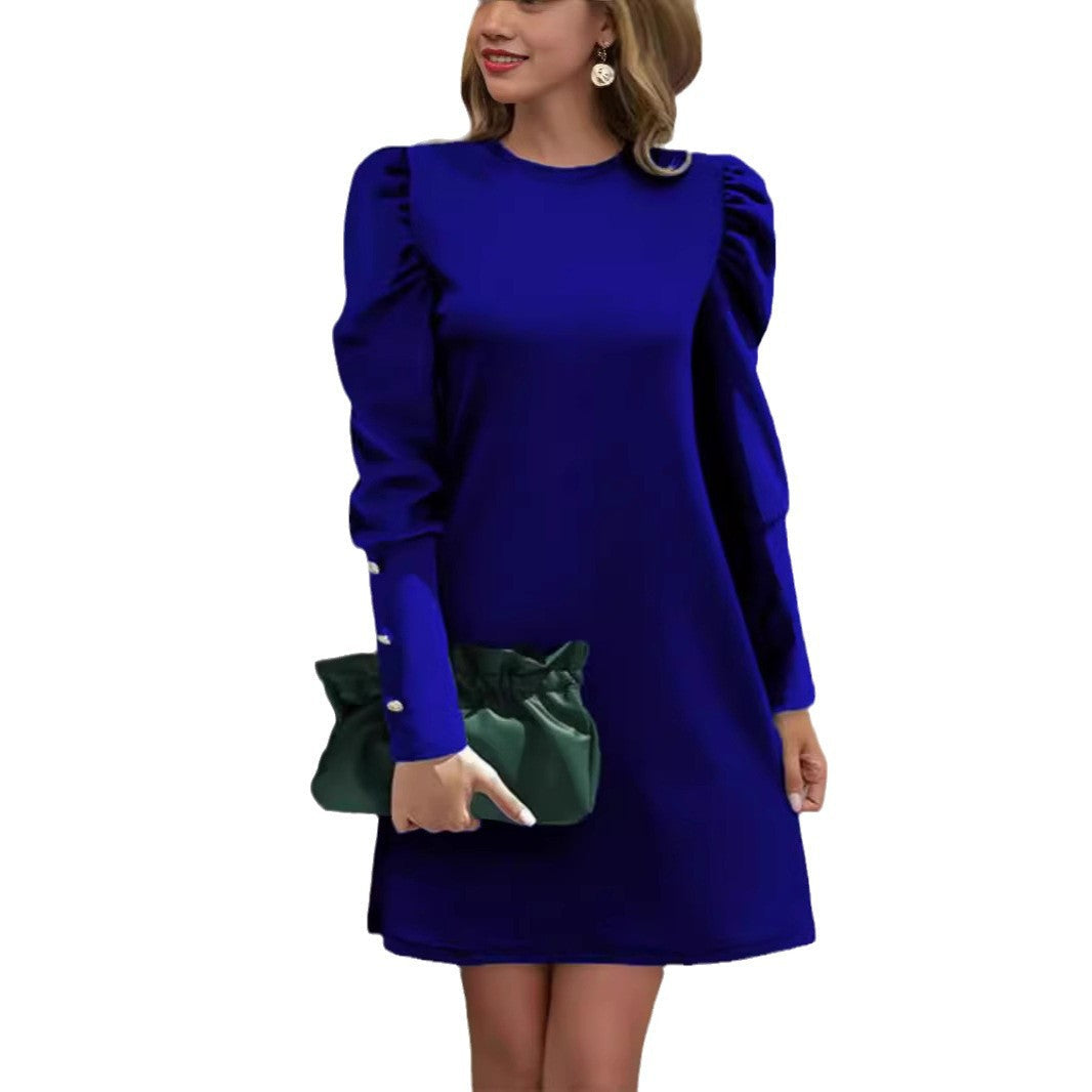 Kleid Damen blau figurbetont mit Puffärmeln und Perlenknöpfen - 5 - Atelier-Zofia