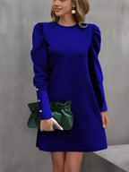 Kleid Damen blau figurbetont mit Puffärmeln und Perlenknöpfen - 7 - Atelier-Zofia