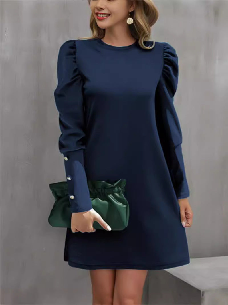 Kleid Damen blau figurbetont mit Puffärmeln und Perlenknöpfen - 9 - Atelier-Zofia