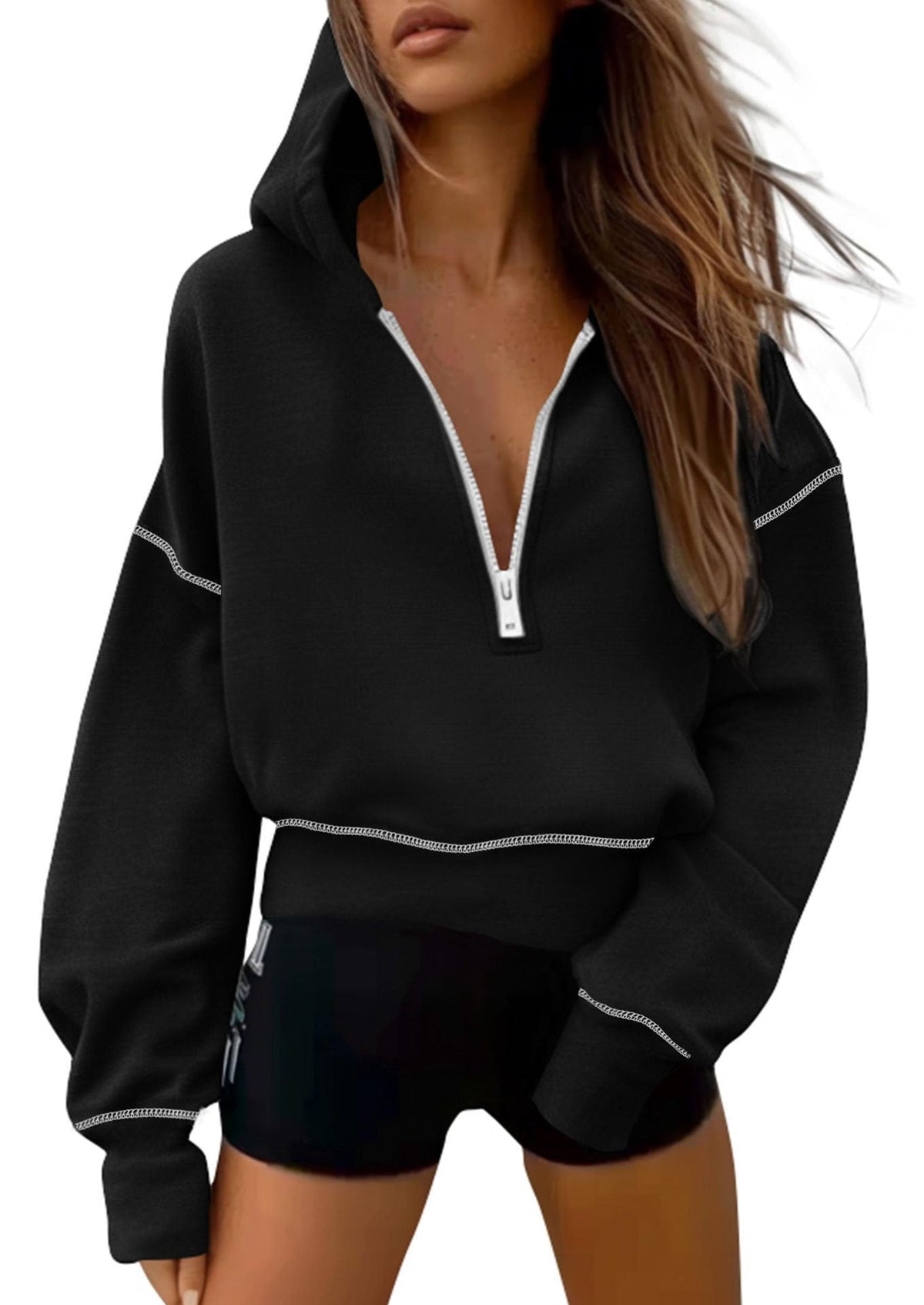 Hoodie Damen schwarz oversized mit kurzem Schnitt und Reißverschluss - 3 - Atelier-Zofia