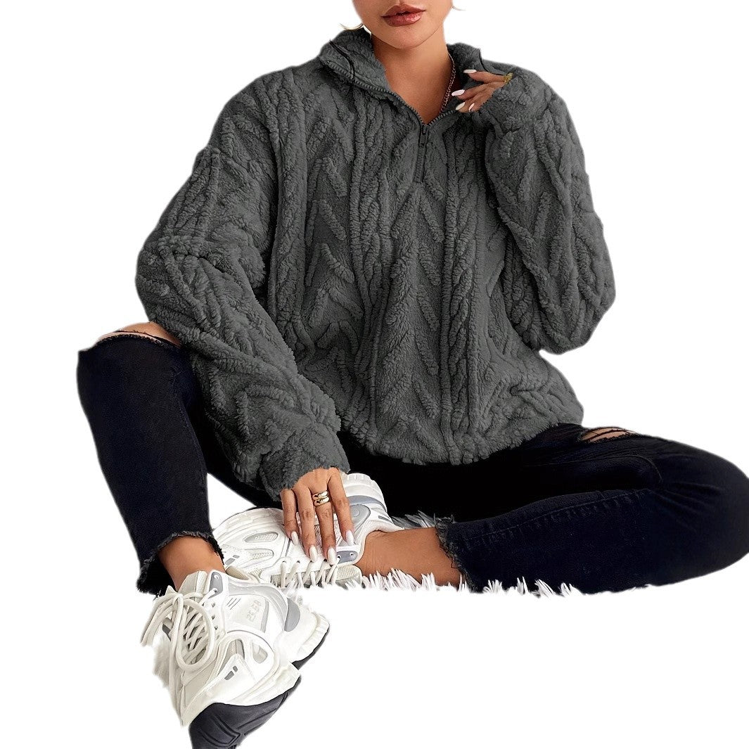 Pullover Damen beige mit hohem Kragen und Zopfstruktur - 6 - Atelier-Zofia