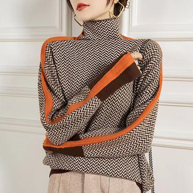 Pullover Damen braun mit Zopfmuster und Rollkragen - 1 - Atelier-Zofia