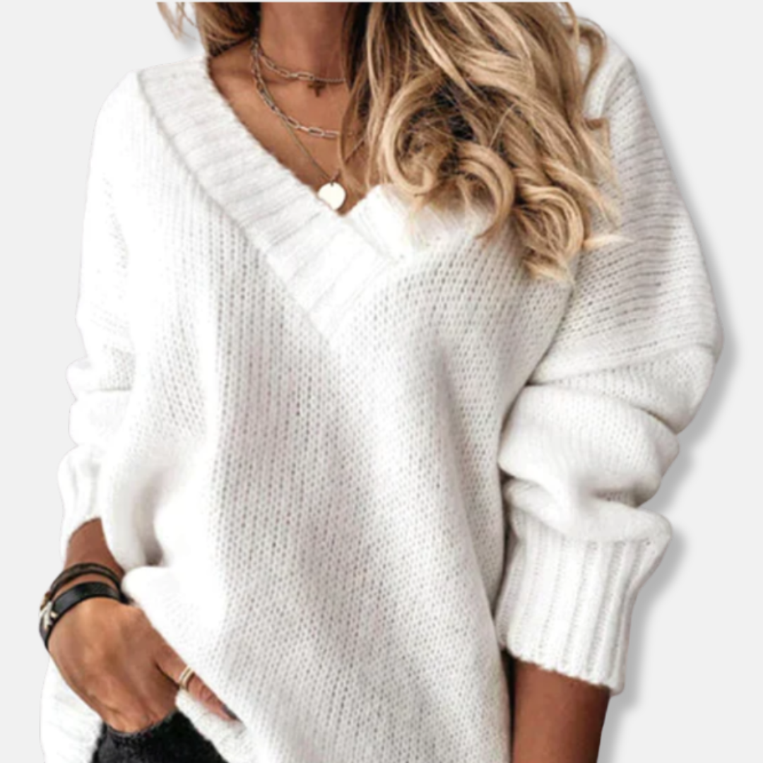 Pullover Damen weiß figurbetont mit V-Ausschnitt und langen Ärmeln - 1 - Atelier-Zofia