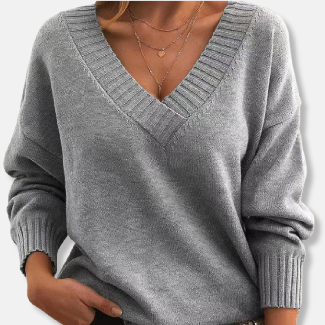 Pullover Damen weiß figurbetont mit V-Ausschnitt und langen Ärmeln - 2 - Atelier-Zofia
