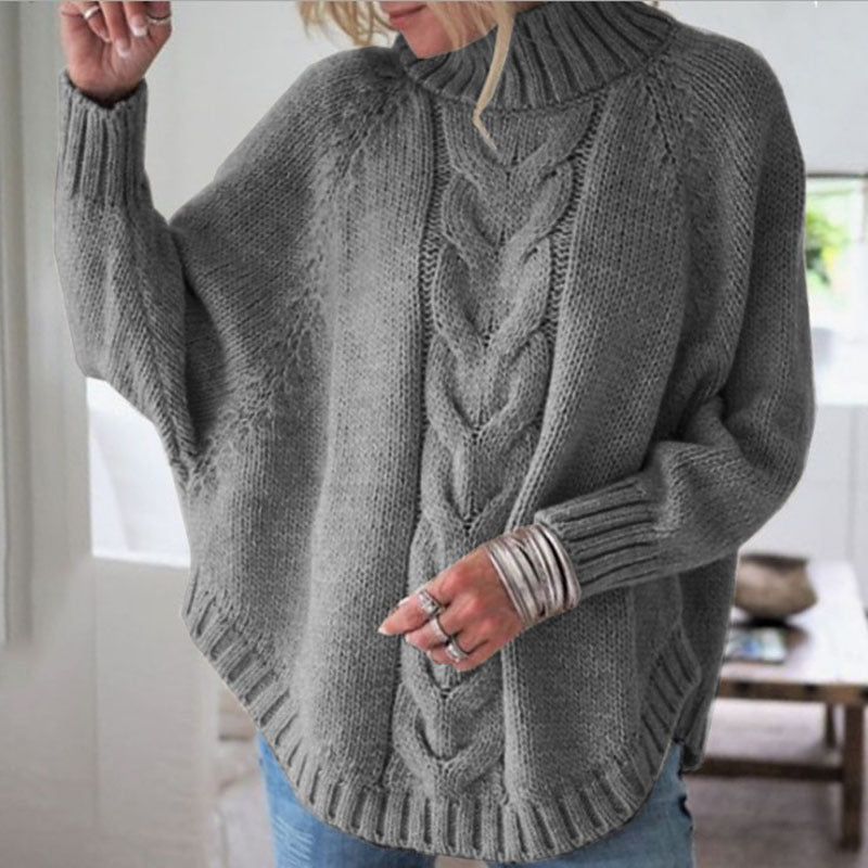Pullover Damen beige lässig mit Stehkragen und Zopfmuster - 3 - Atelier-Zofia