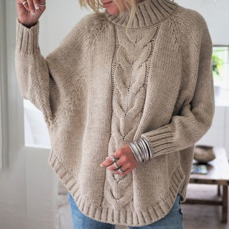 Pullover Damen beige lässig mit Stehkragen und Zopfmuster - 5 - Atelier-Zofia