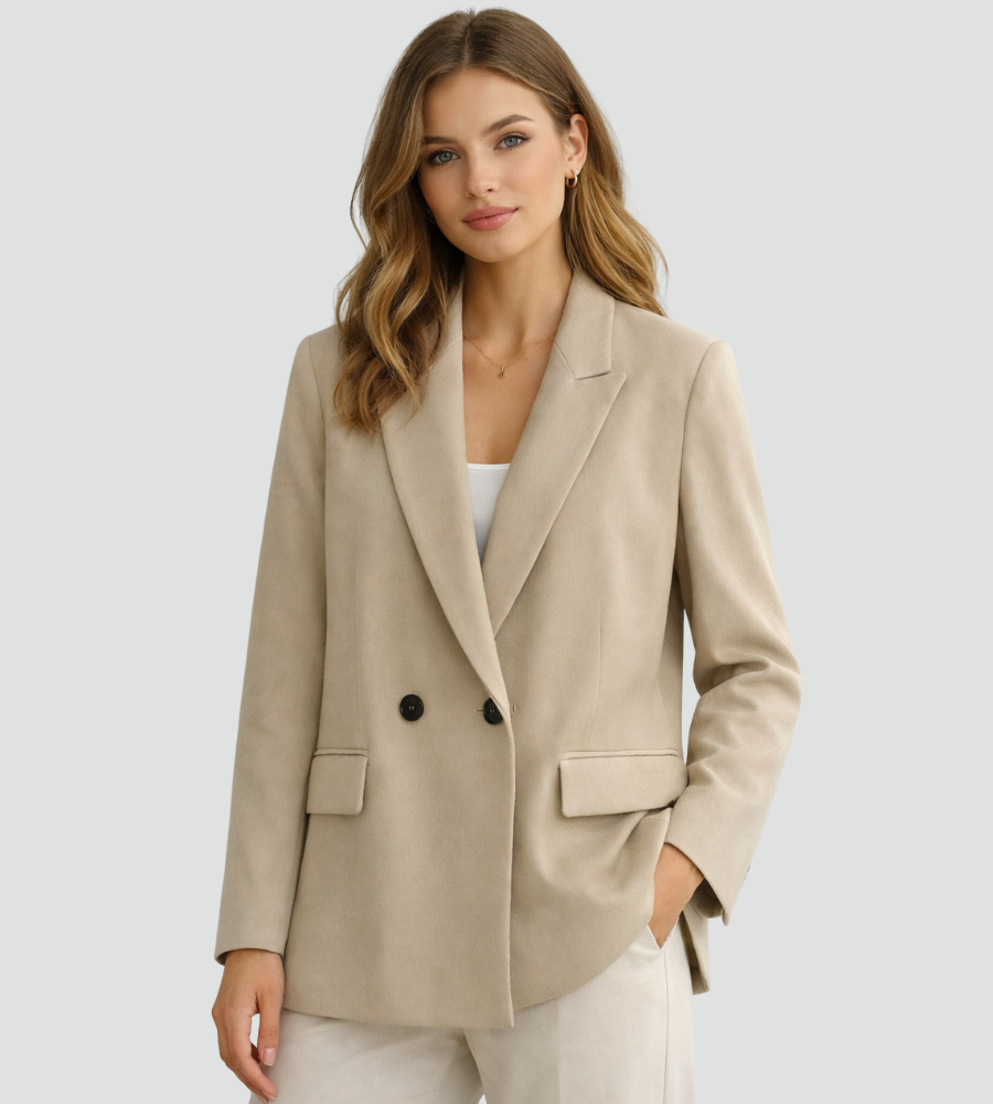 Blazer Damen beige tailliert mit doppelter Knopfleiste - 2 - Atelier-Zofia