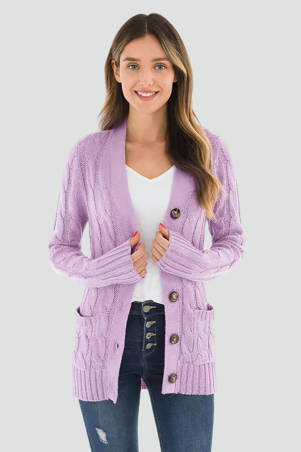 Cardigan Damen schwarz tailliert mit Knopfleiste und Taschen - 1 - Atelier-Zofia