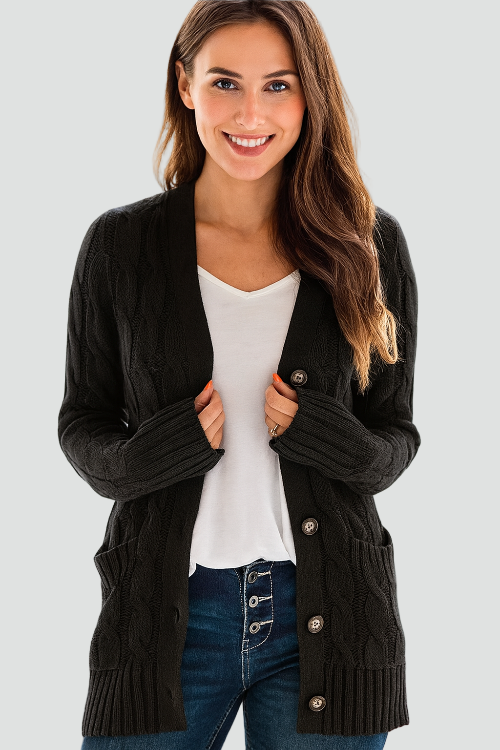 Cardigan Damen schwarz tailliert mit Knopfleiste und Taschen - 3 - Atelier-Zofia