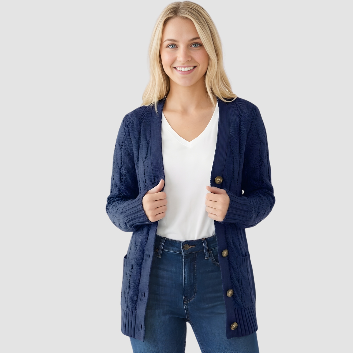 Cardigan Damen schwarz tailliert mit Knopfleiste und Taschen - 4 - Atelier-Zofia