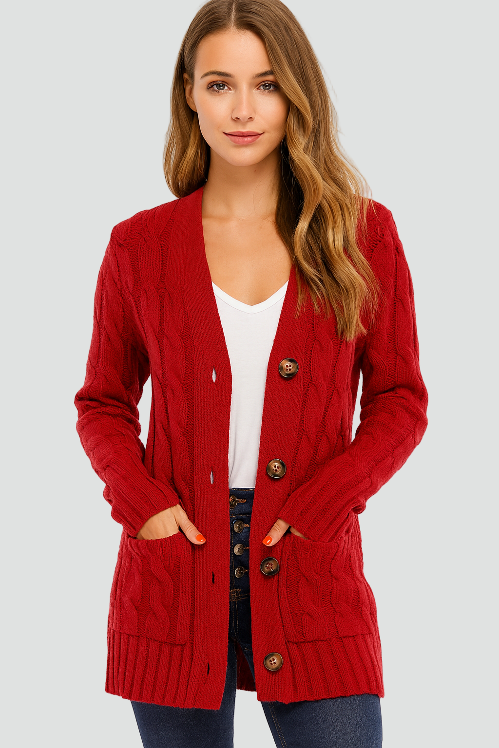Cardigan Damen schwarz tailliert mit Knopfleiste und Taschen - 5 - Atelier-Zofia