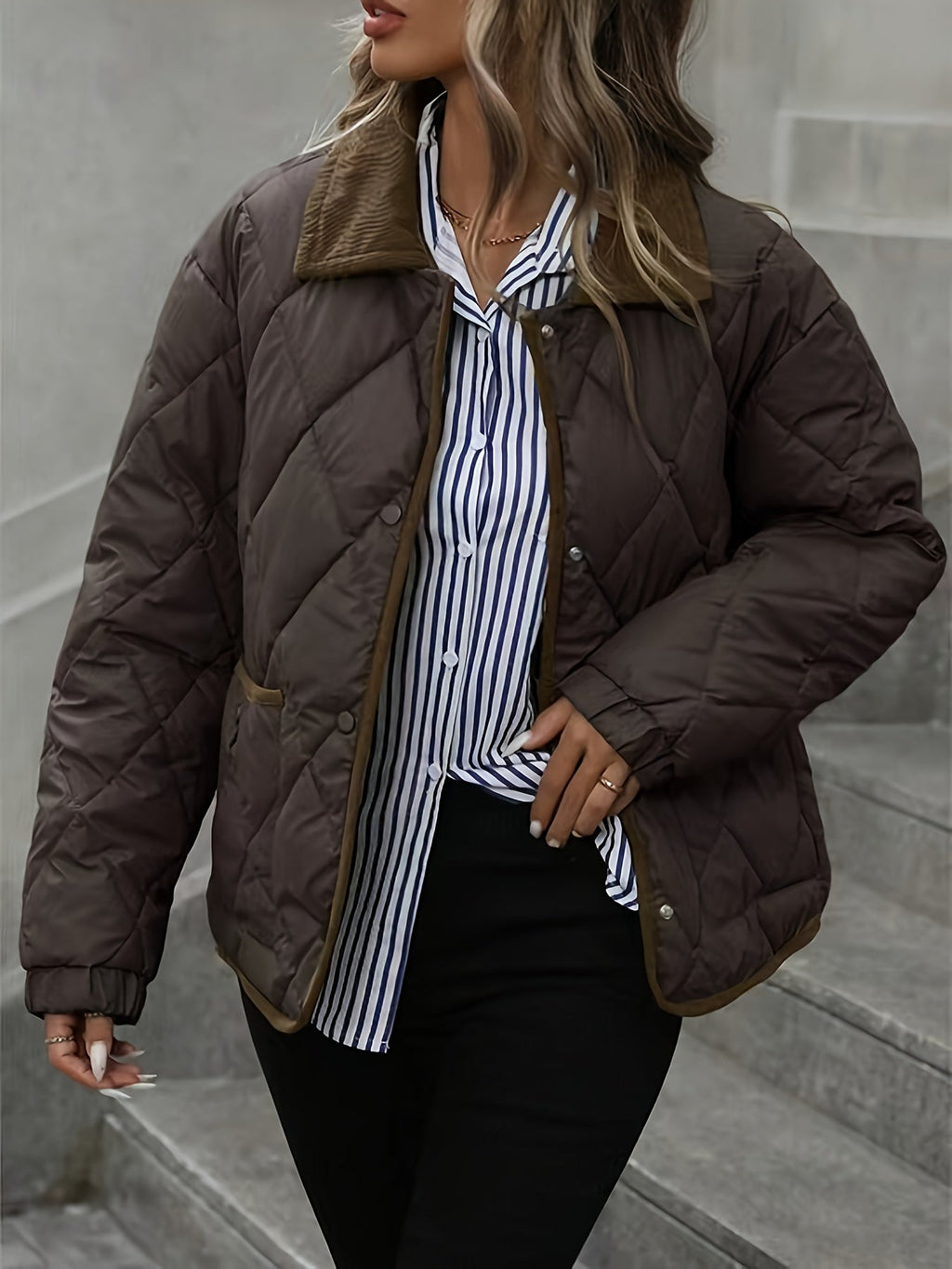 Damenjacke braun tailliert mit Steppdesign und praktischen Taschen - 5 - Atelier-Zofia