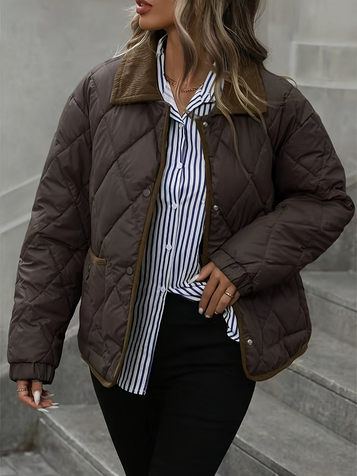 Damenjacke braun tailliert mit Steppdesign und praktischen Taschen - 5 - Atelier-Zofia