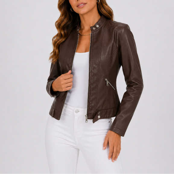 Damen Lederjacke braun figurbetont mit Reißverschluss - 1 - Atelier-Zofia